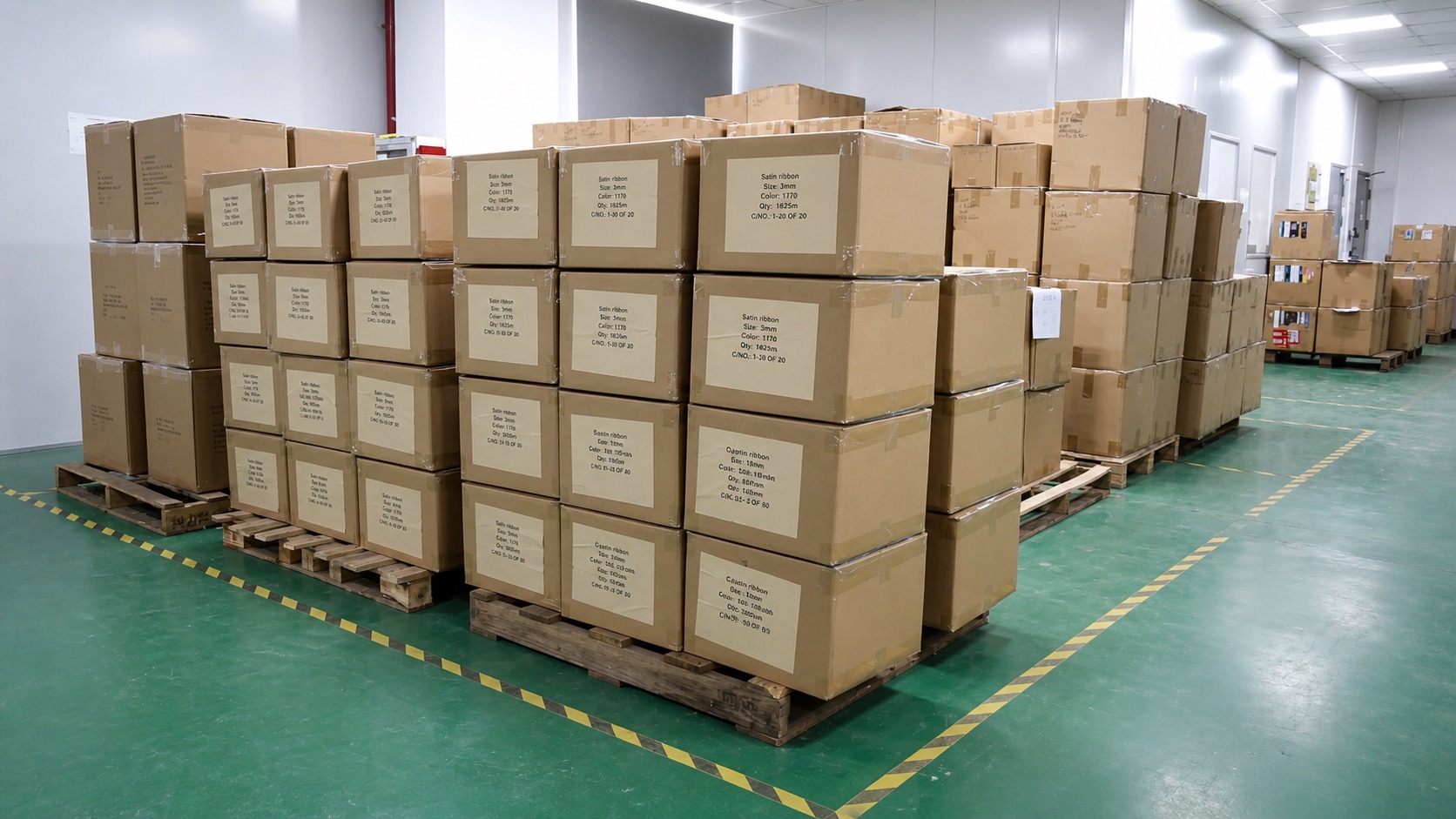 Ribbon export warehouse — palletized cartons ready for shipping