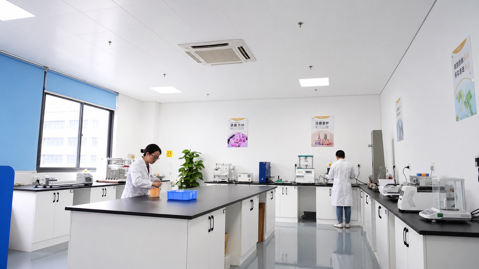 Quality control laboratory — technicians testing ribbon materials and product samples