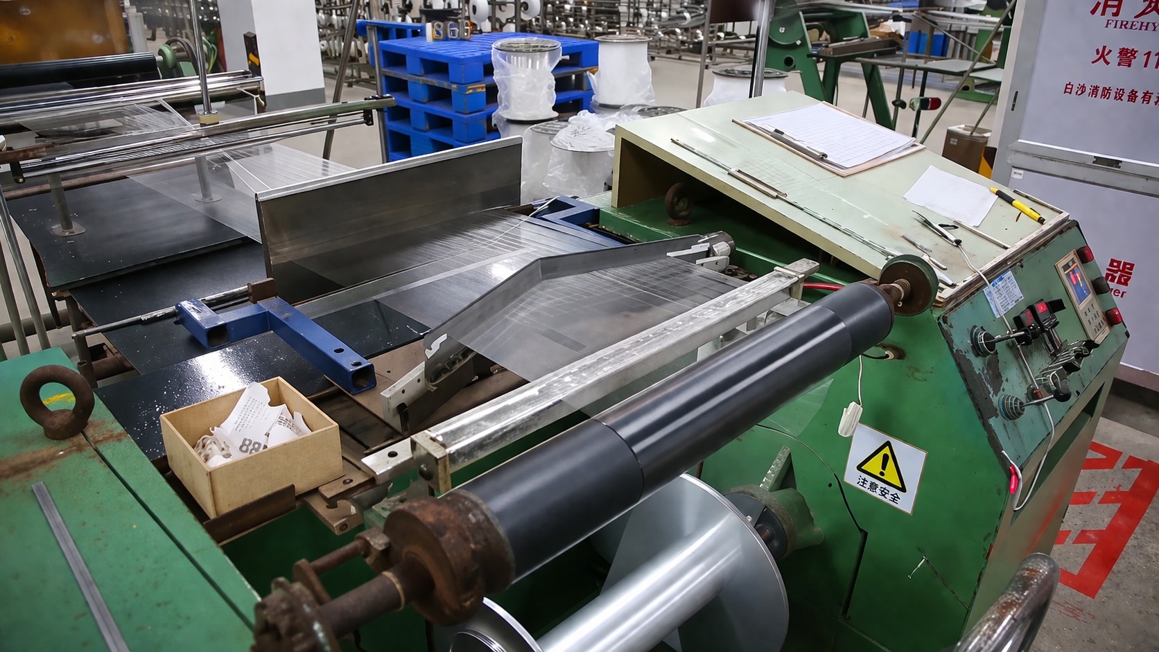 Hot stamp foil printing machine close-up  gold foil transfer process, ribbon foil stamping line