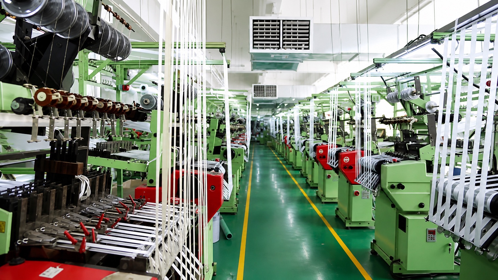 Lude Ribbon weaving hall: rows of narrow loom machines, Xiamen factory