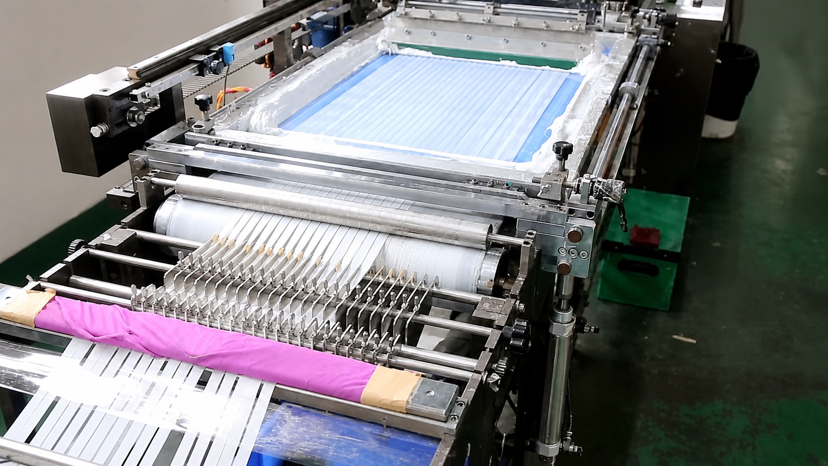 Silk screen printing machine  automatic ribbon printing with blue screen frame and squeegee