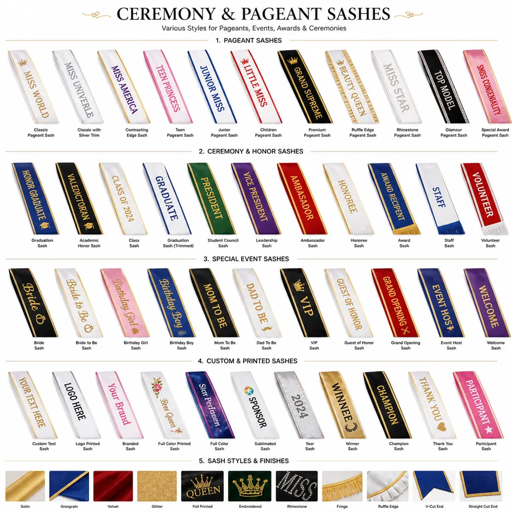 Ceremony and pageant sashes wholesale: graduation, pageant, and corporate sash