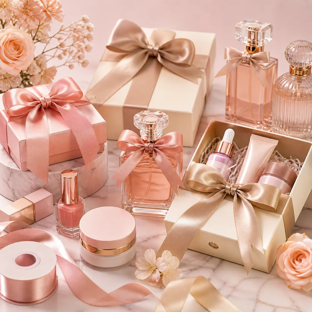Cosmetics and perfume packaging ribbon: premium satin and metallic ribbon for fragrance brands