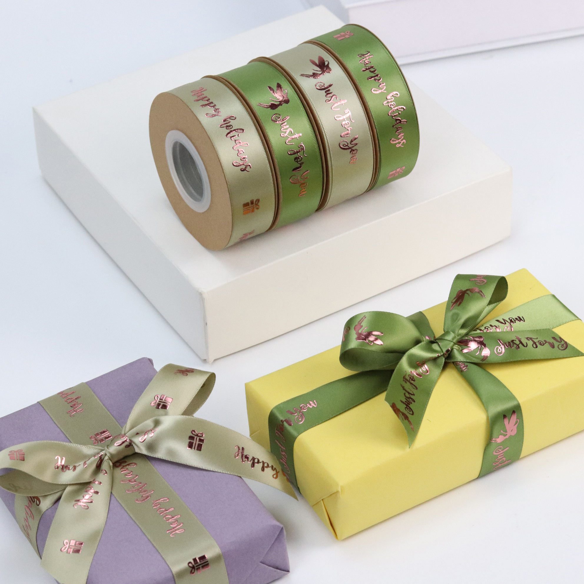 Foil printed ribbon  hot stamp foil ribbon rolls in olive green with rose gold print