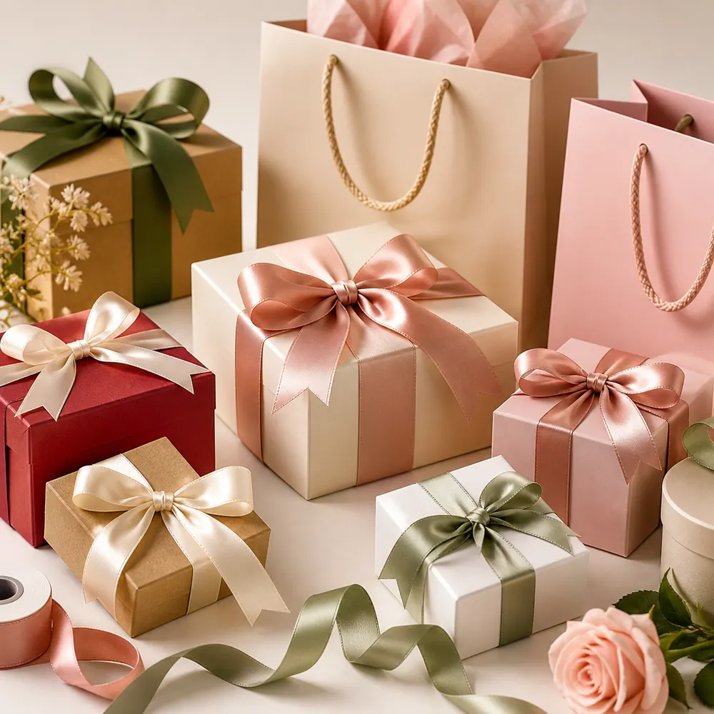 Gift and retail packaging ribbon: custom printed ribbon and pre-tied bows for luxury gift boxes