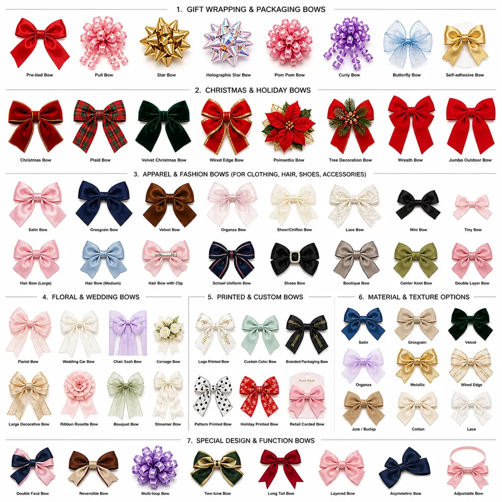 Pre-tied bows wholesale: layered satin, pull bow, and wreath bow
