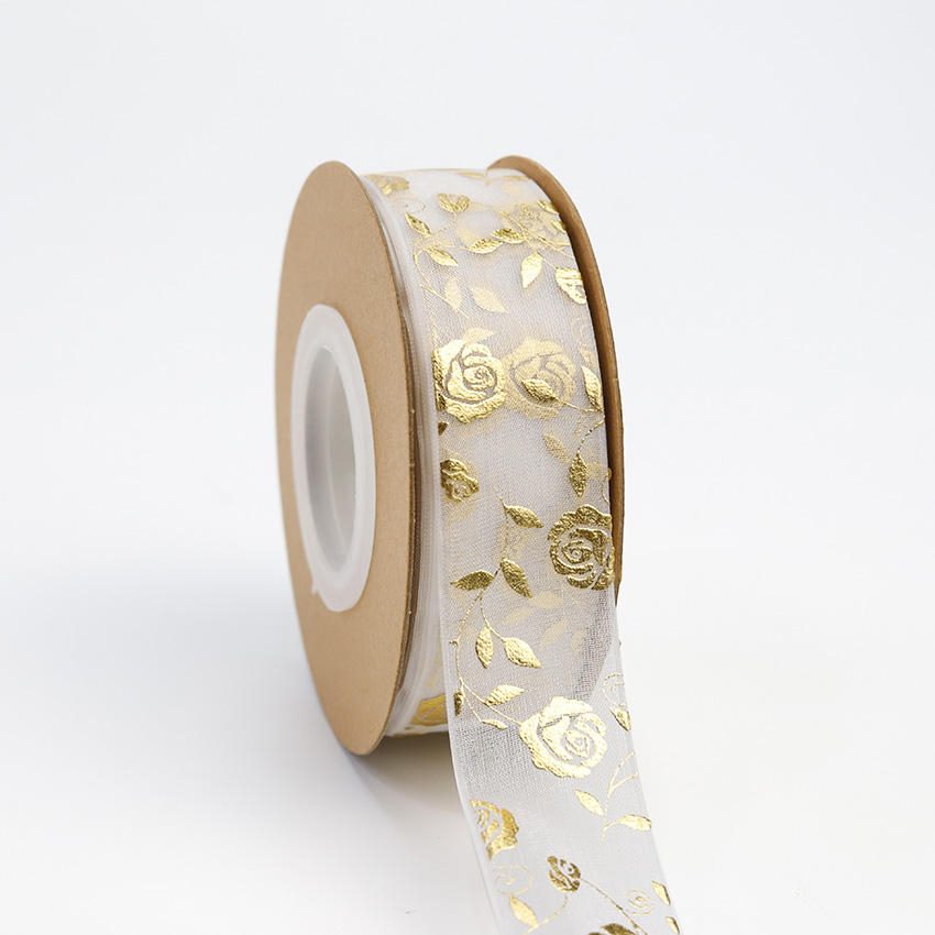 Printed organza ribbon — hot stamp logo on sheer organza base