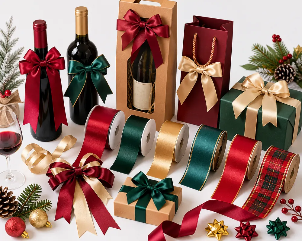 Wine and festive decoration ribbon: wired satin and velvet ribbon for bottles and seasonal decor