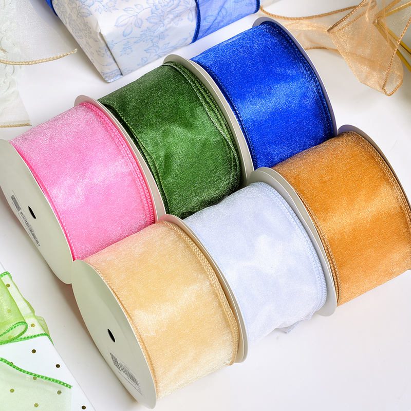 Wired organza ribbon wholesale — sheer translucent ribbon with copper wire edge