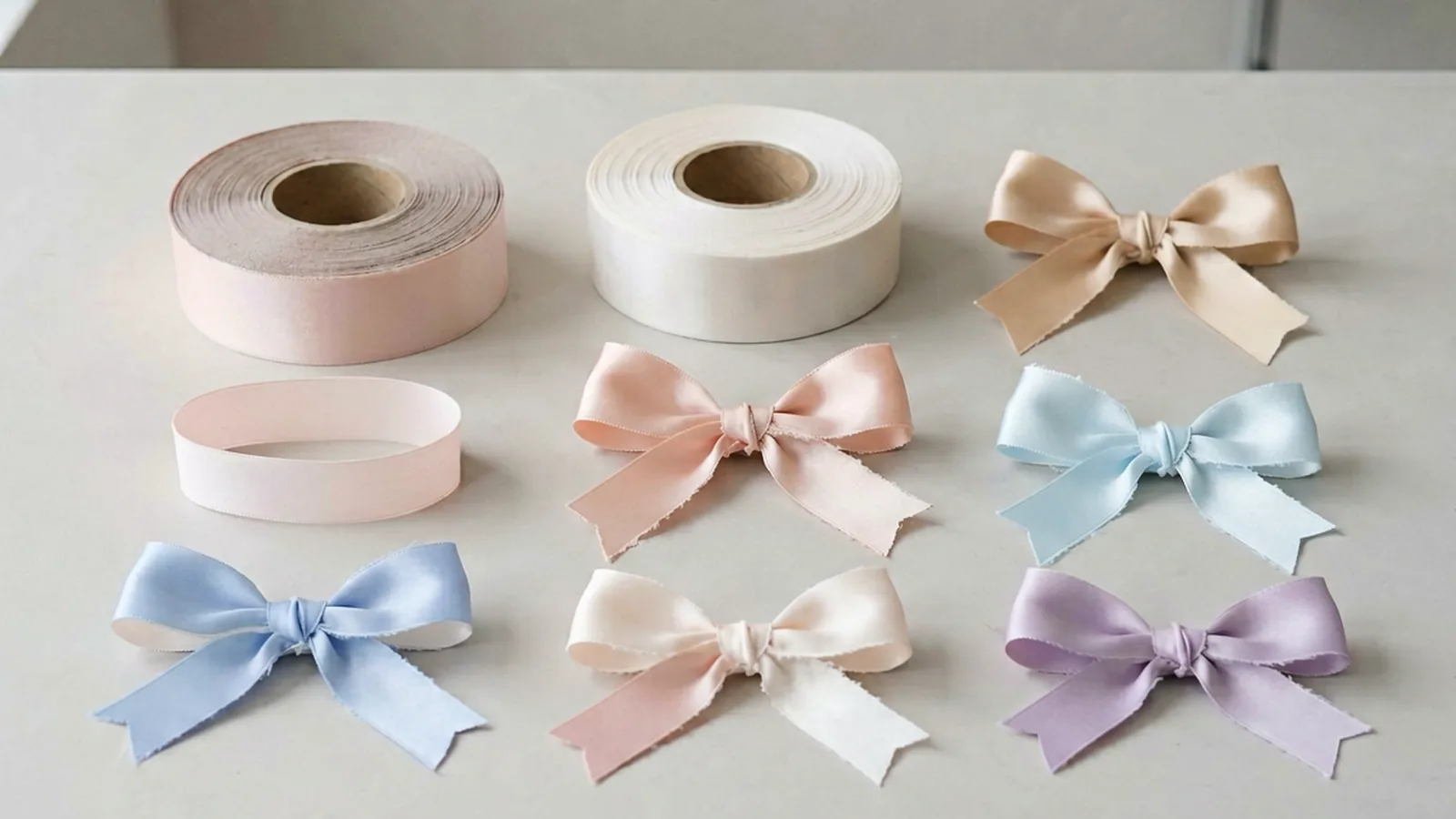 Pre-tied satin bows and ribbon rolls for wholesale supplier checks