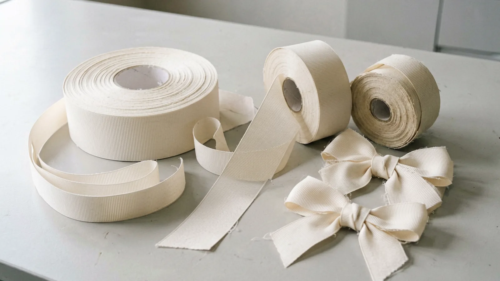 Grosgrain ribbon rolls and bows prepared for supplier comparison