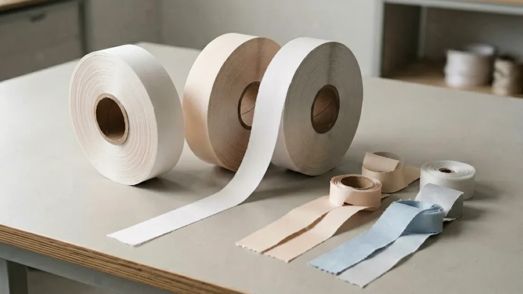 Plain ribbon rolls with one length unwound and cut samples beside them