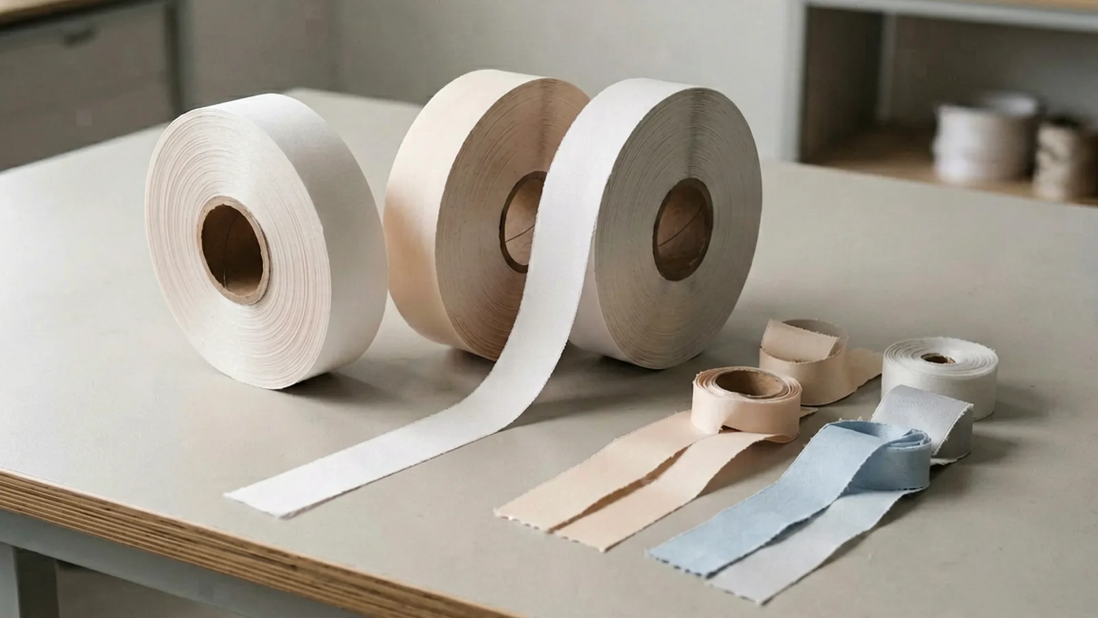 Plain ribbon rolls with one length unwound and cut samples beside them