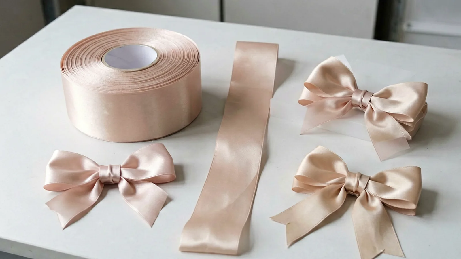 Satin ribbon roll with a cut length and tied bows on a sample bench