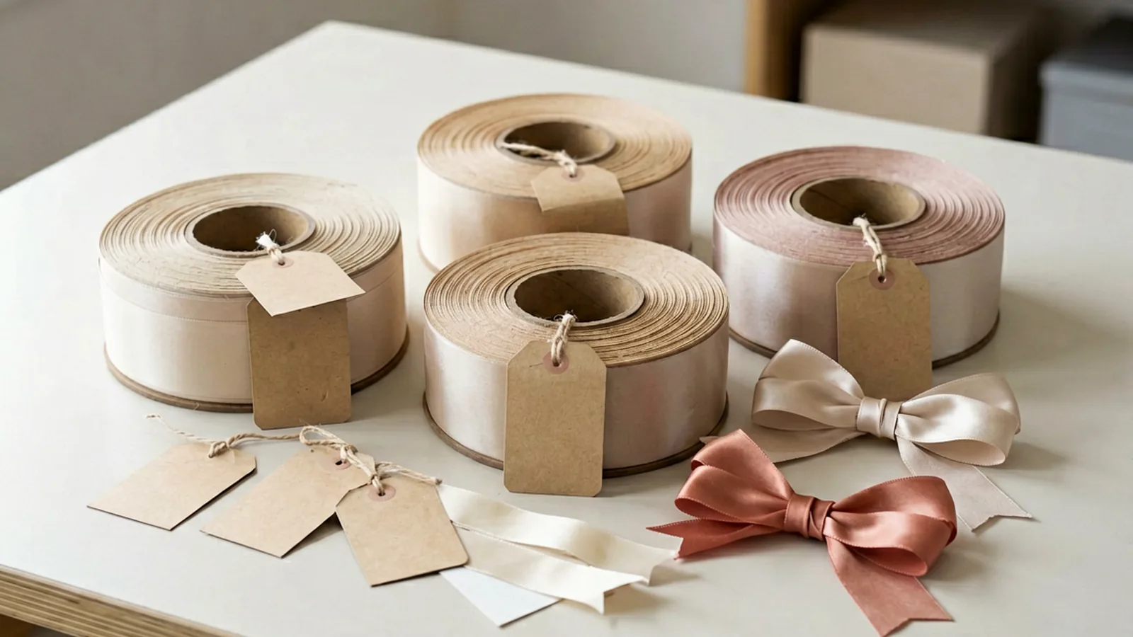 Satin ribbon rolls grouped as a reorder set with blank kraft lot tags on the cores