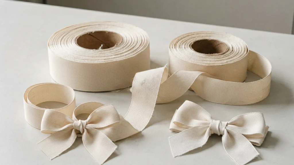 Grosgrain ribbon rolls with visible rib texture beside loose lengths and tied bows