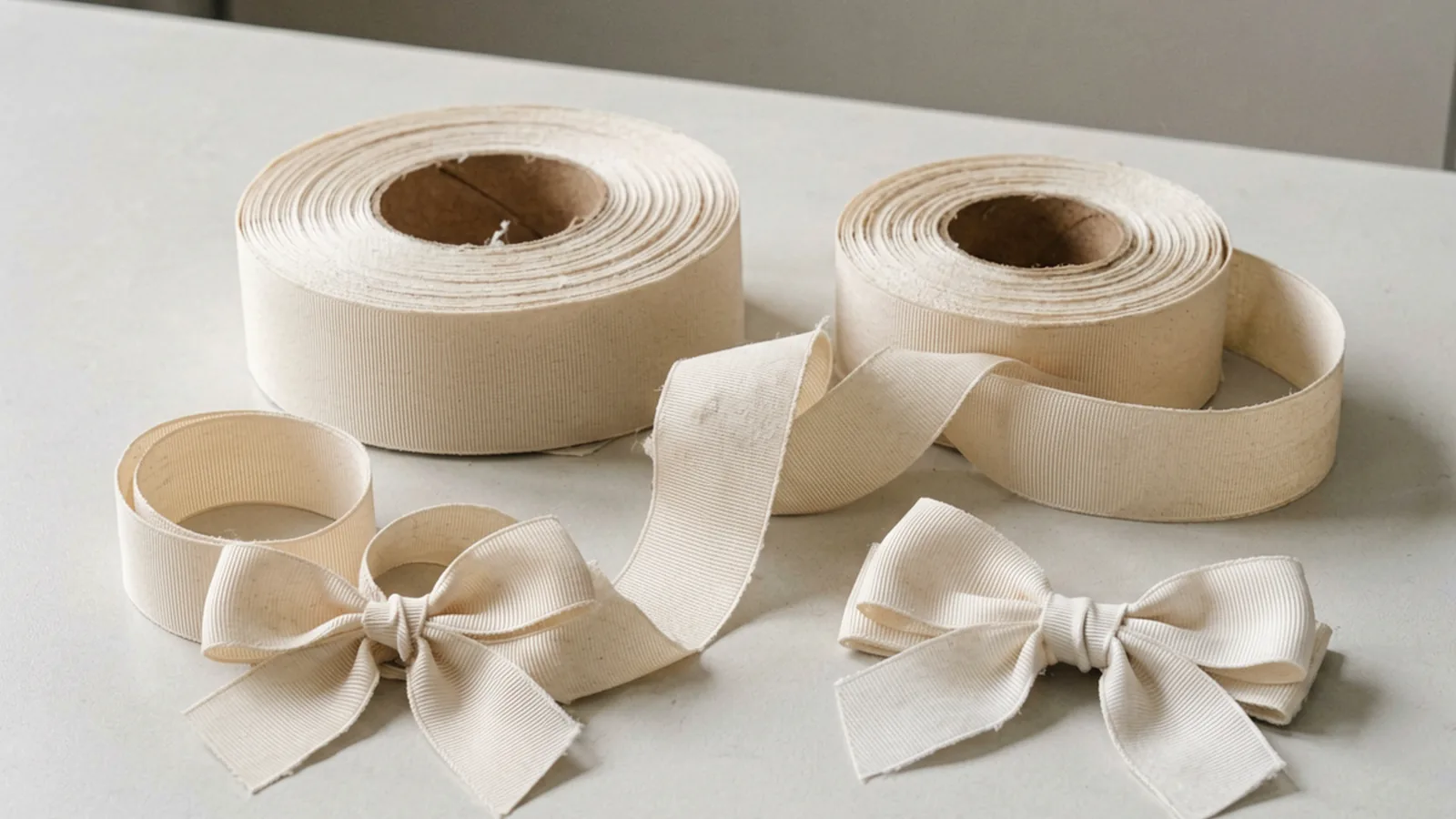 Grosgrain ribbon rolls with visible rib texture beside loose lengths and tied bows