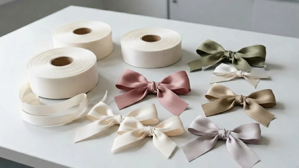 Ribbon rolls and tied satin bows laid out for supplier sample evaluation