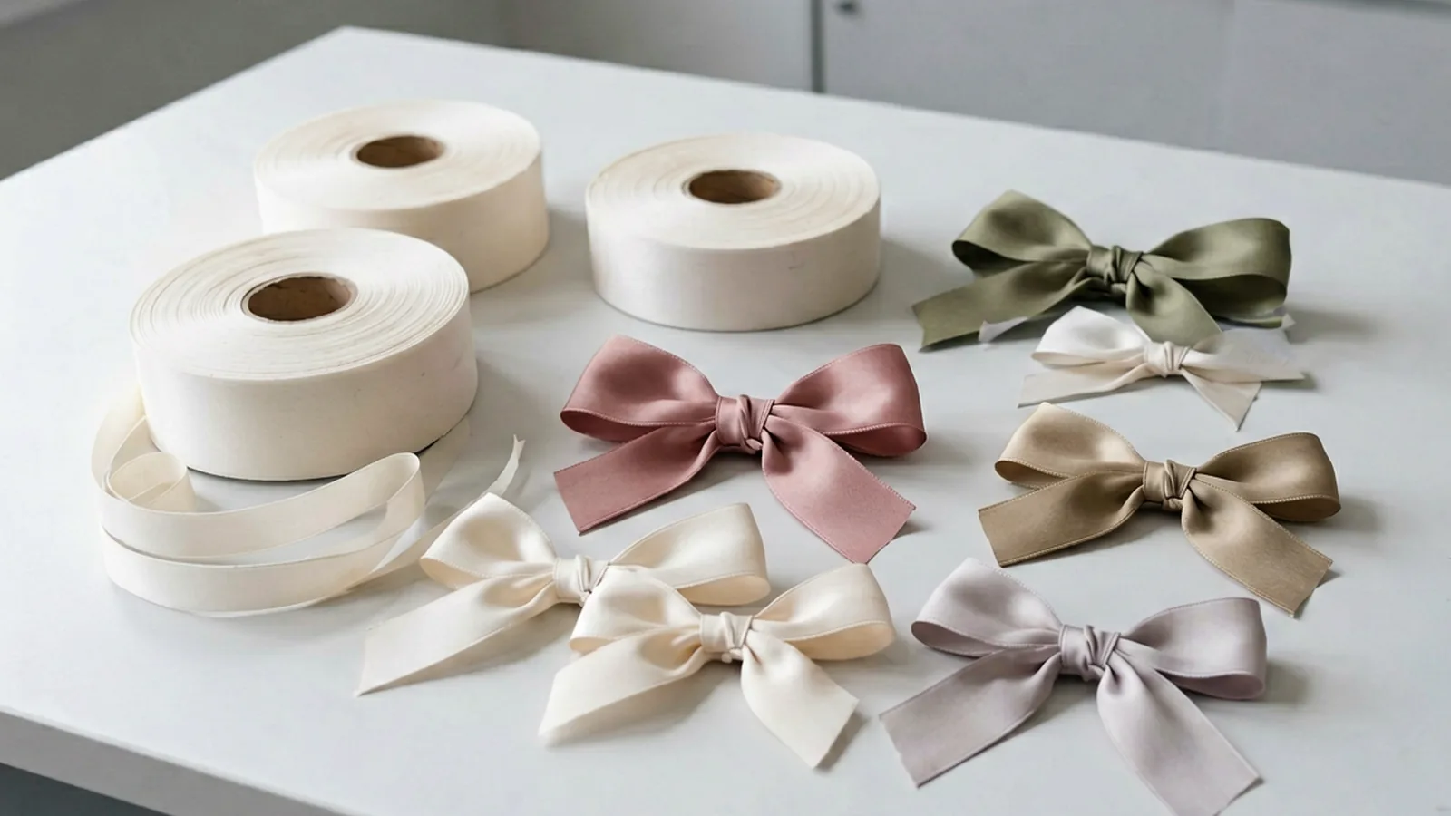 Ribbon rolls and tied satin bows laid out for supplier sample evaluation