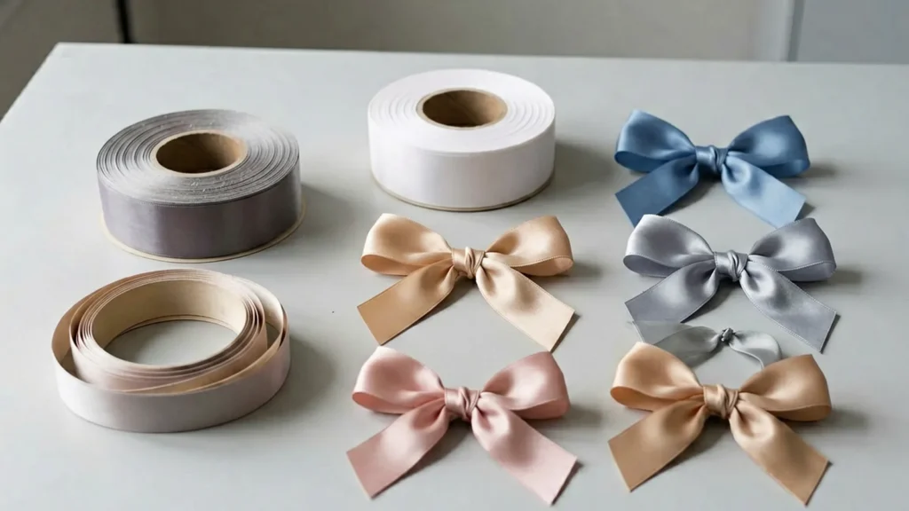 Satin ribbon rolls and tied bows prepared for wine and festive packaging review