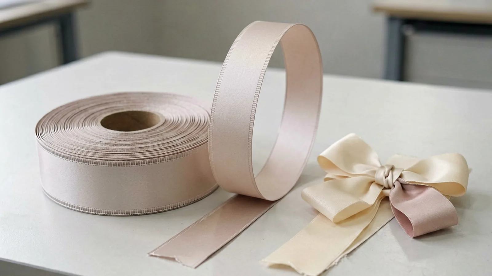 Wired-edge ribbon roll holding a standing loop beside satin bow samples